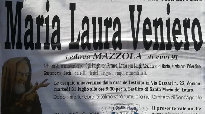 Meta. E' venuta a mancare all'affetto dei suoi cari Maria Laura Veniero