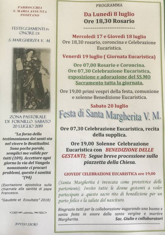 Positano il quartiere di Fornillo festeggia la sua patrona Santa Margherita V e M  protettrice delle donne in attesa e partorienti.