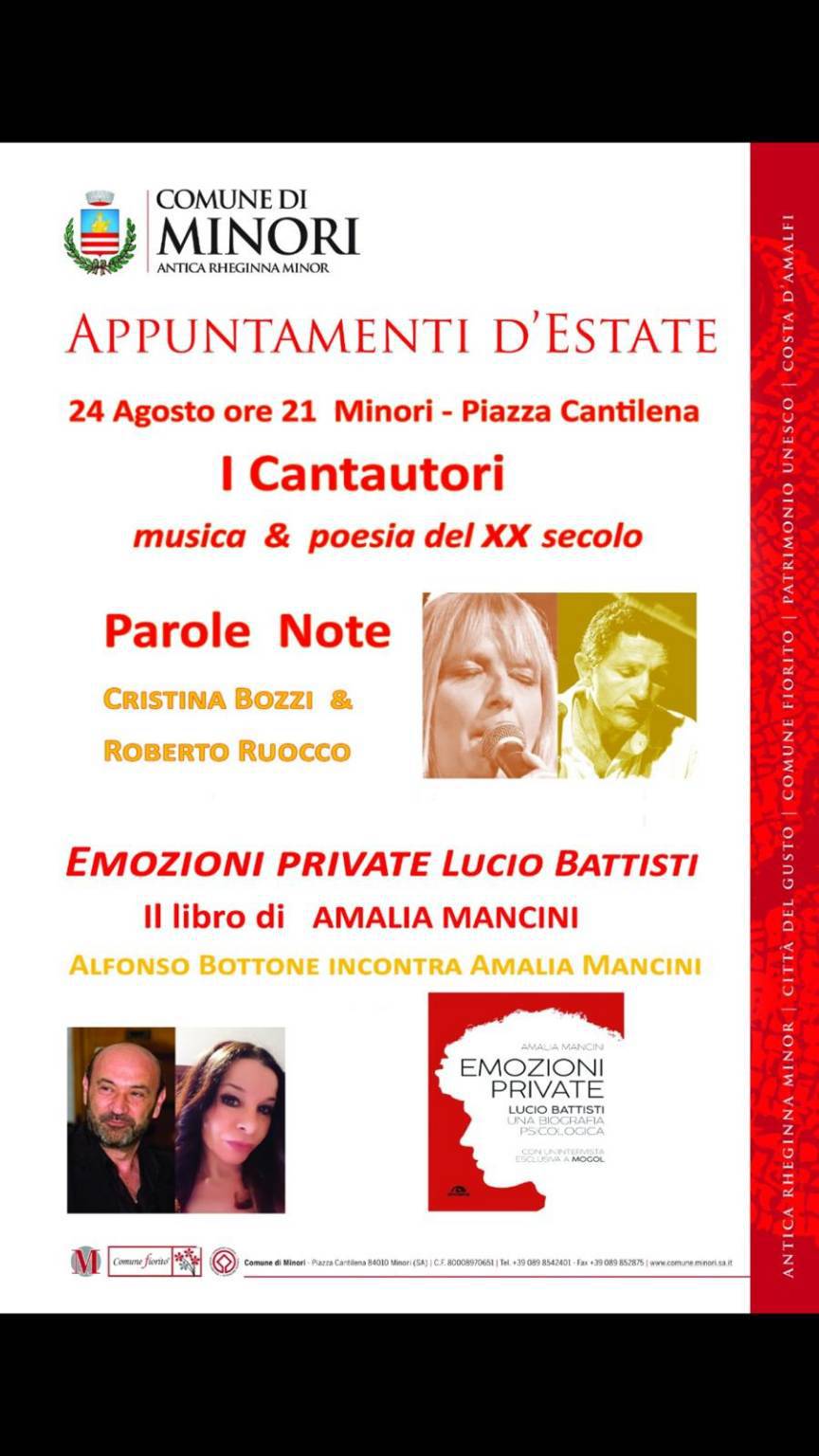 Minori. Continua l'estate all'insegna della canzone cantautorale: “I Cantautori - Musica & Poesia del XX Secolo” 