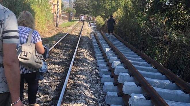 Turisti a Piedi sui binari della Circumvesuviana a Pompei 