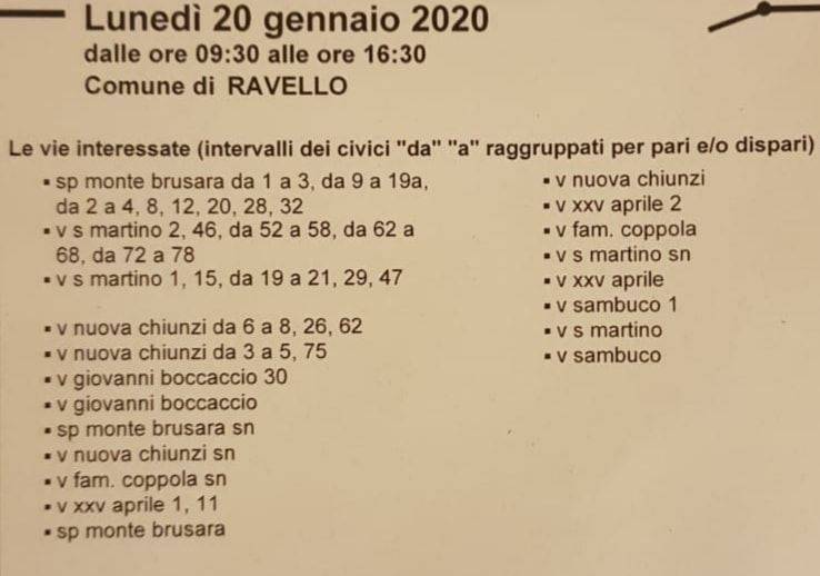 Avviso di interruzione energia elettrica lunedì 20 gennaio a Ravello