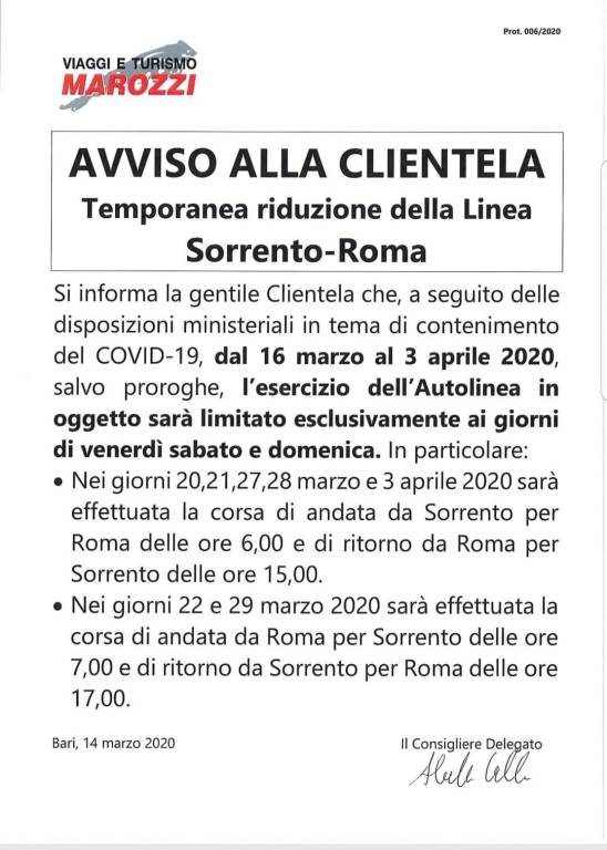 Linea Sorrento - Roma: Marozzi limita le corse