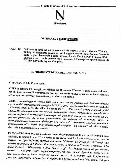 ordinanza regione campania obbligo quarantena