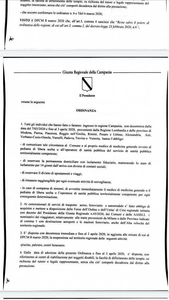 ordinanza regione campania obbligo quarantena