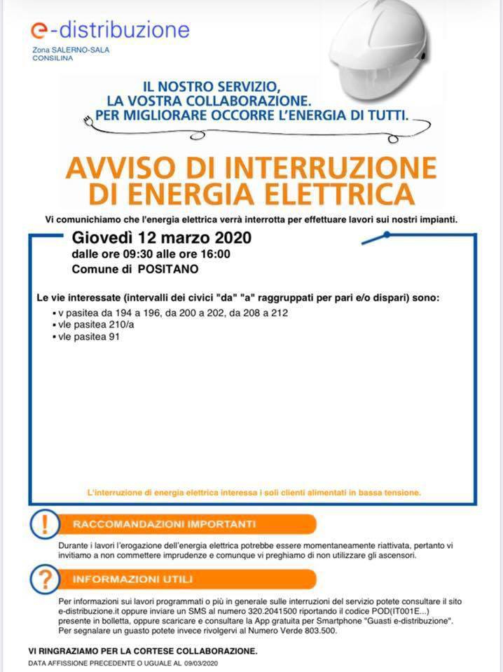 Positano. Oggi interruzione di energia elettrica in via Pasitea