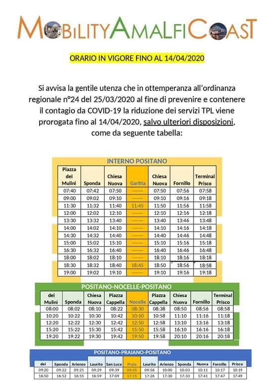 Positano. Proroga orario ridotto dei servizi TPL fino al 14 aprile