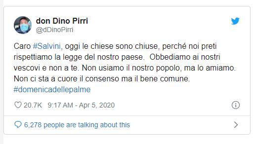 Coronavirus. Salvini: "Riaprire le Chiese per la messa di Pasqua". La risposta di Don Pirri: "Noi preti rispettia