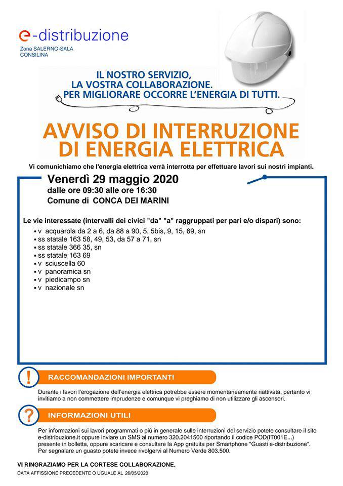 Conca dei Marini. Venerdì 29 maggio interruzione dell'energia elettrica