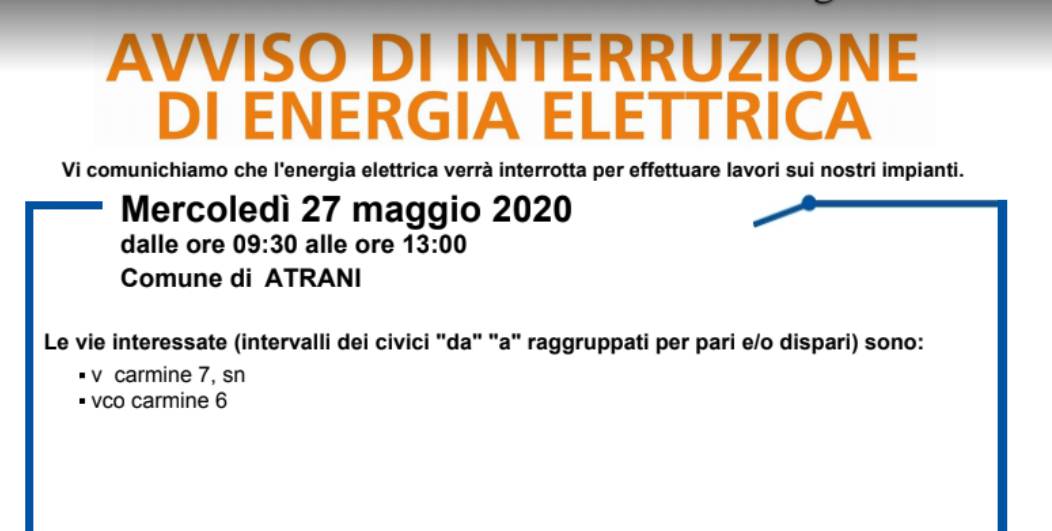 Costiera Amalfitana. Mercoledì 27 maggio interruzione elettrica a Ravello ed Atrani