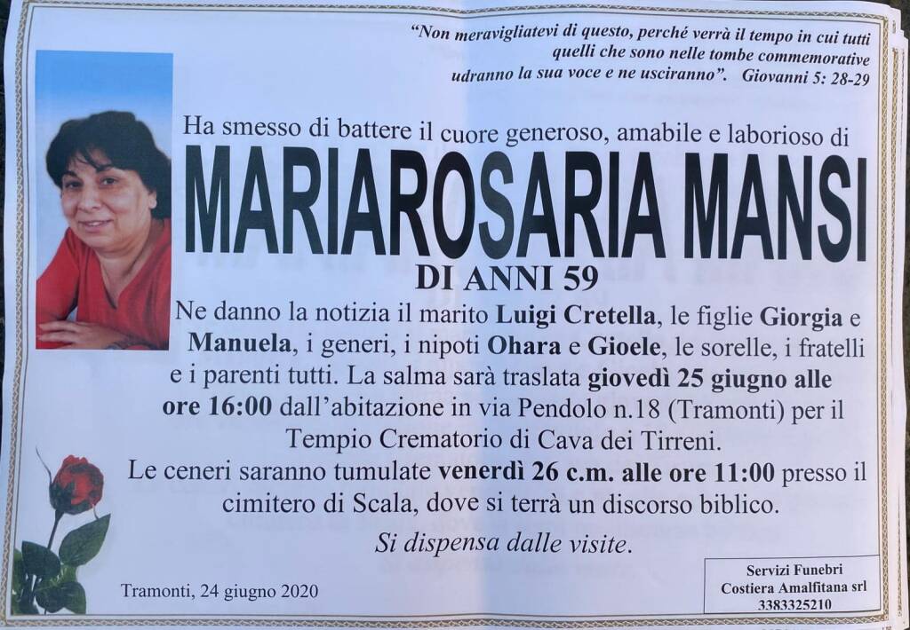 Tramonti Scala Lutto Per Maria Rosaria Mansi Positanonews