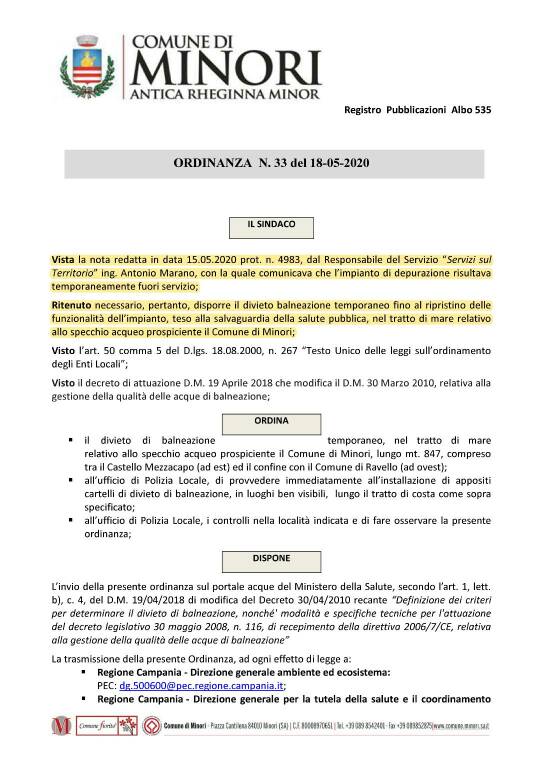 minori ordinanza sindacale 33 del 18 maggio 2020