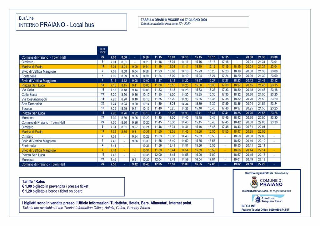 Praiano. Da domani in vigore l'orario estivo del servizio TPL Interno