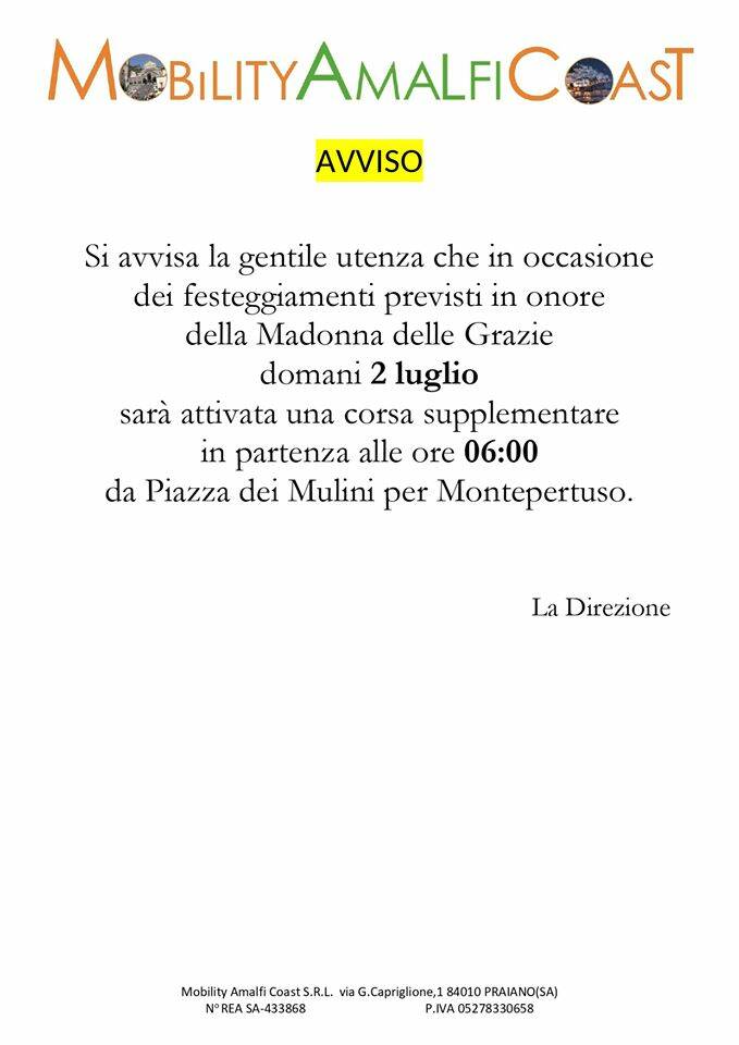 Positano. Domani 2 luglio ulteriore corsa supplementare: partenza ore 6 da Piazza dei Mulini per Montepertuso