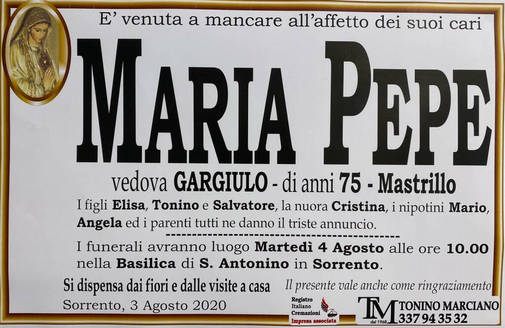 Sorrento. All'età di 75 anni è venuta a mancare Maria Pepe, vedova Gargiulo