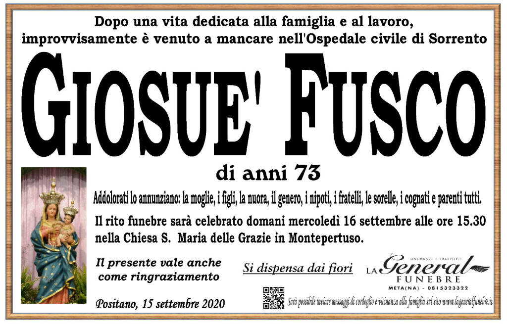 Positano. All'età di 73 anni è venuto a mancare Giosuè Fusco