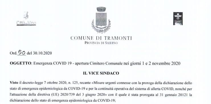 Tramonti. Cimitero comunale aperto 1 e 2 novembre: ecco le modalità di accesso e le misure per prevenire il contagio