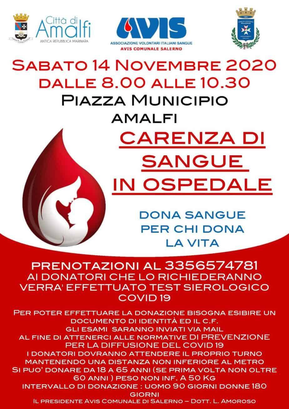 Amalfi, sabato 14 novembre giornata dedicata alla donazione del sangue