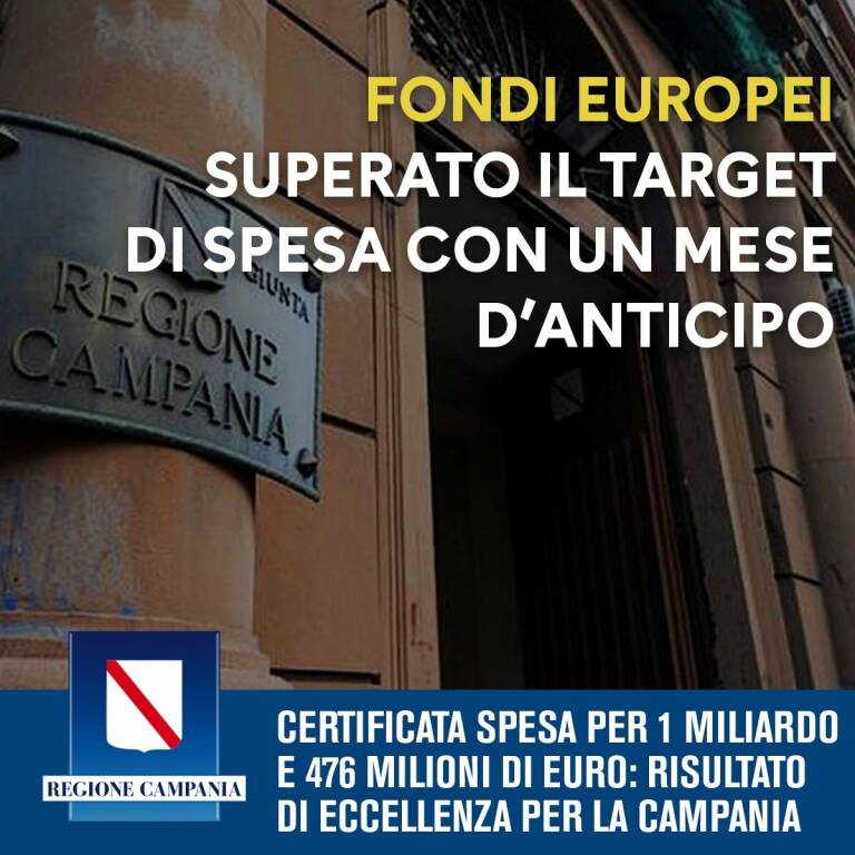 Fondi europei, con un mese d'anticipo superato il target di spesa: risultato di assoluta eccellenza per la Campania