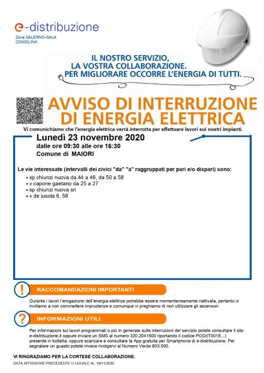 Maiori, lunedì 23 novembre sospensione dell'energia elettrica