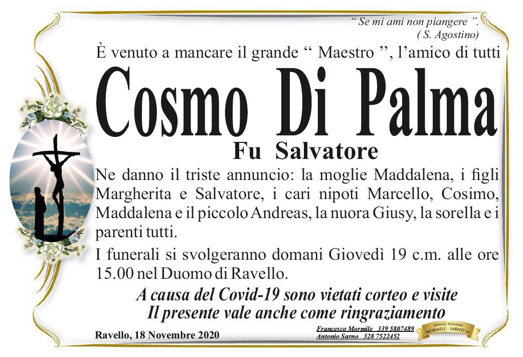 Ravello, è venuto a mancare il grande "Maestro" ed amico di tutti Cosmo di Palma
