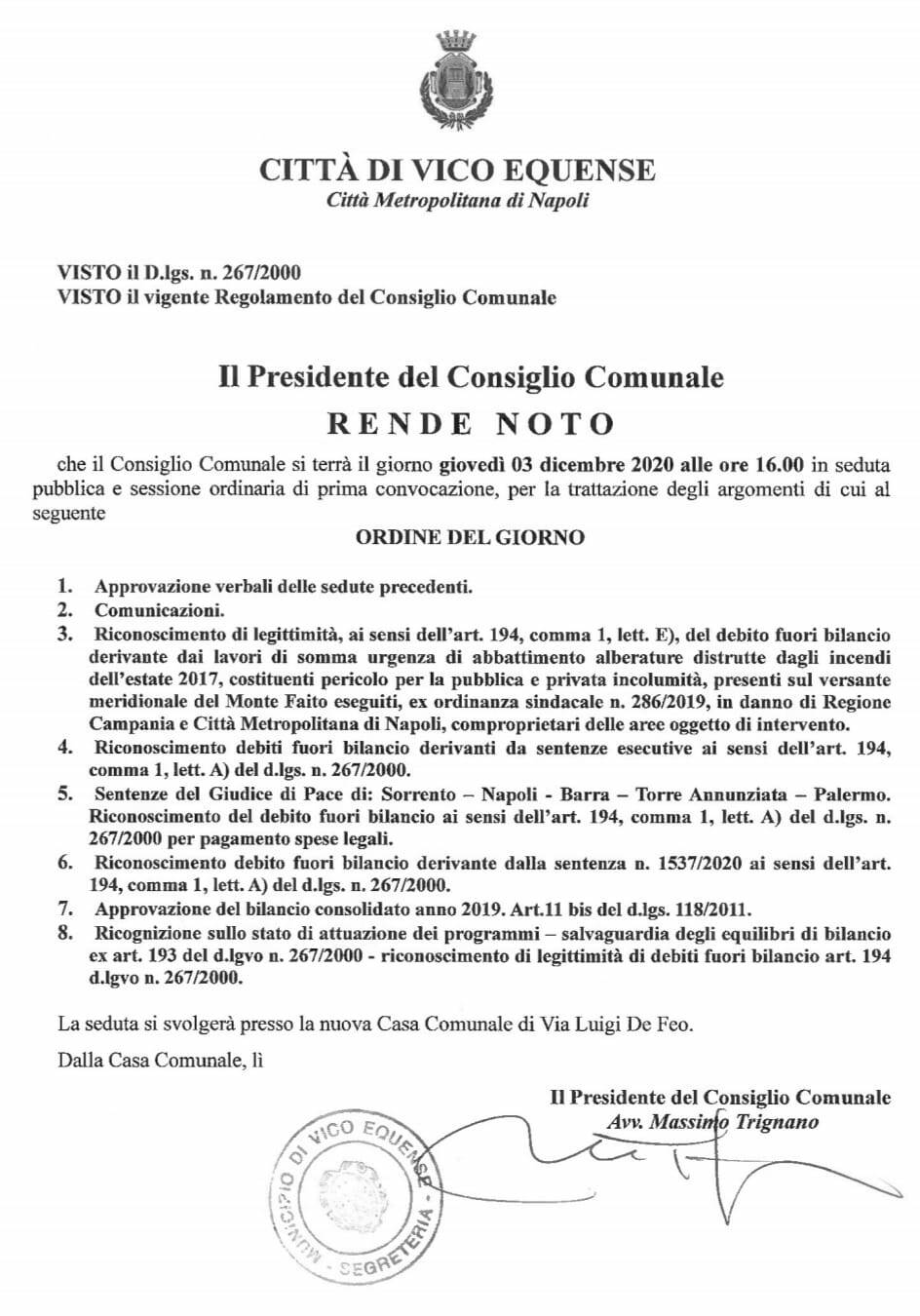 Vico Equense. Convocato il Consiglio comunale: si discuterà dell'approvazione del bilancio consolidato 2019