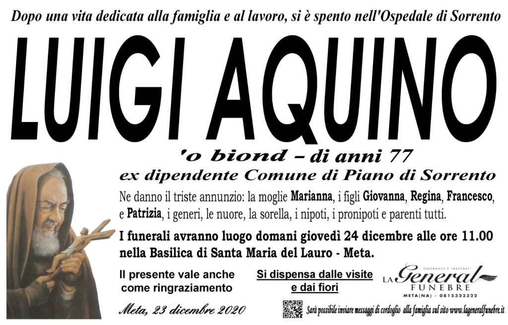 Meta, all'età di 77 anni si è spento Luigi Aquino 'o biond, ex dipendente del Comune di Piano di Sorrento