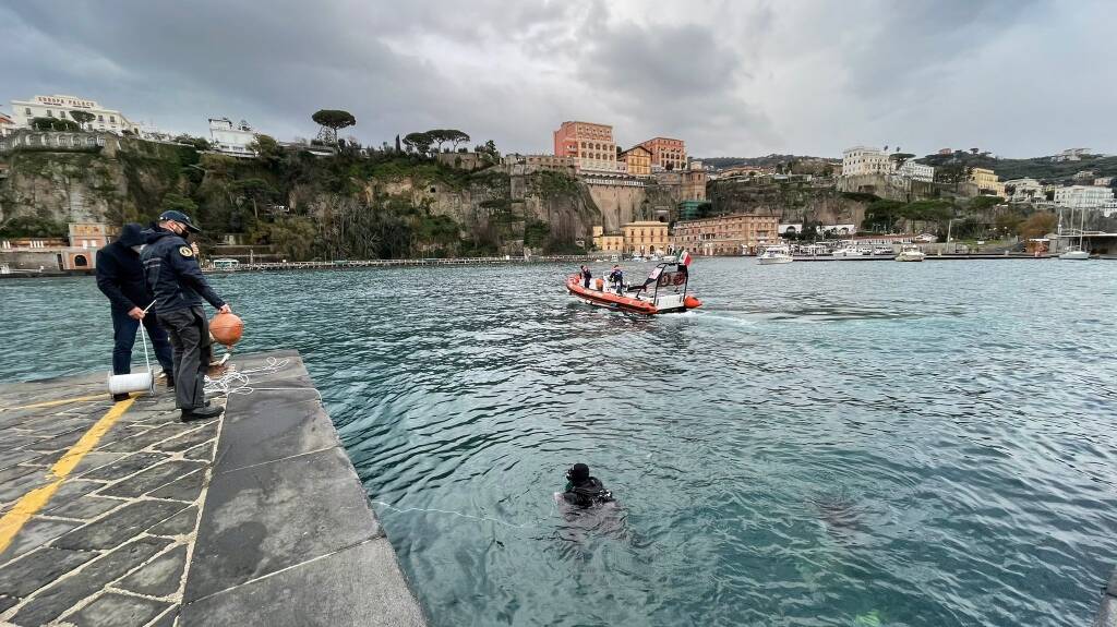 Corpo balenottera individuato a 20 metri di profondità nel porto di Sorrento.