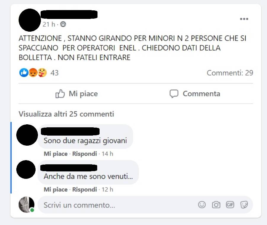 Tentativi di truffa a Minori: due persone si spacciano per operatori Enel