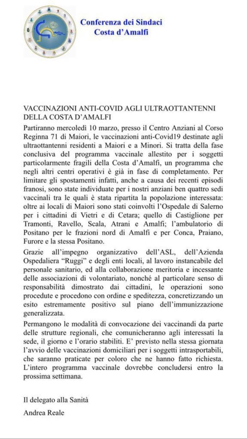 Mercoledì 10 marzo partono le vaccinazioni agli over 80 per Minori e Maiori