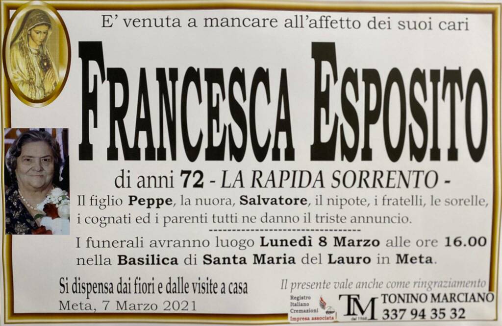 Meta, all'età di 72 anni è venuta a mancare all'affetto dei suoi cari Francesca Esposito