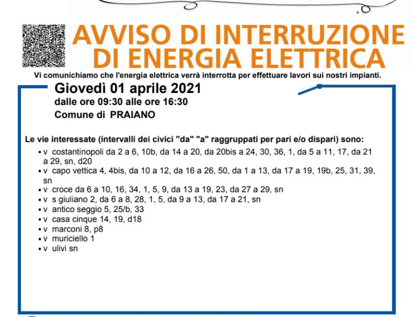 Praiano, giovedì 1 aprile interruzione dell'energia elettrica: ecco dove