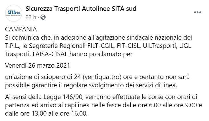 Venerdì 26 marzo sciopero di 24 ore della Sita Sud. Ecco le corse garantite