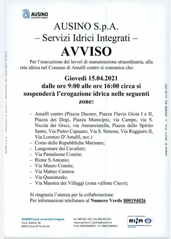 Amalfi, giovedì 15 aprile interruzione idrica per lavori di manutenzione. Ecco dove