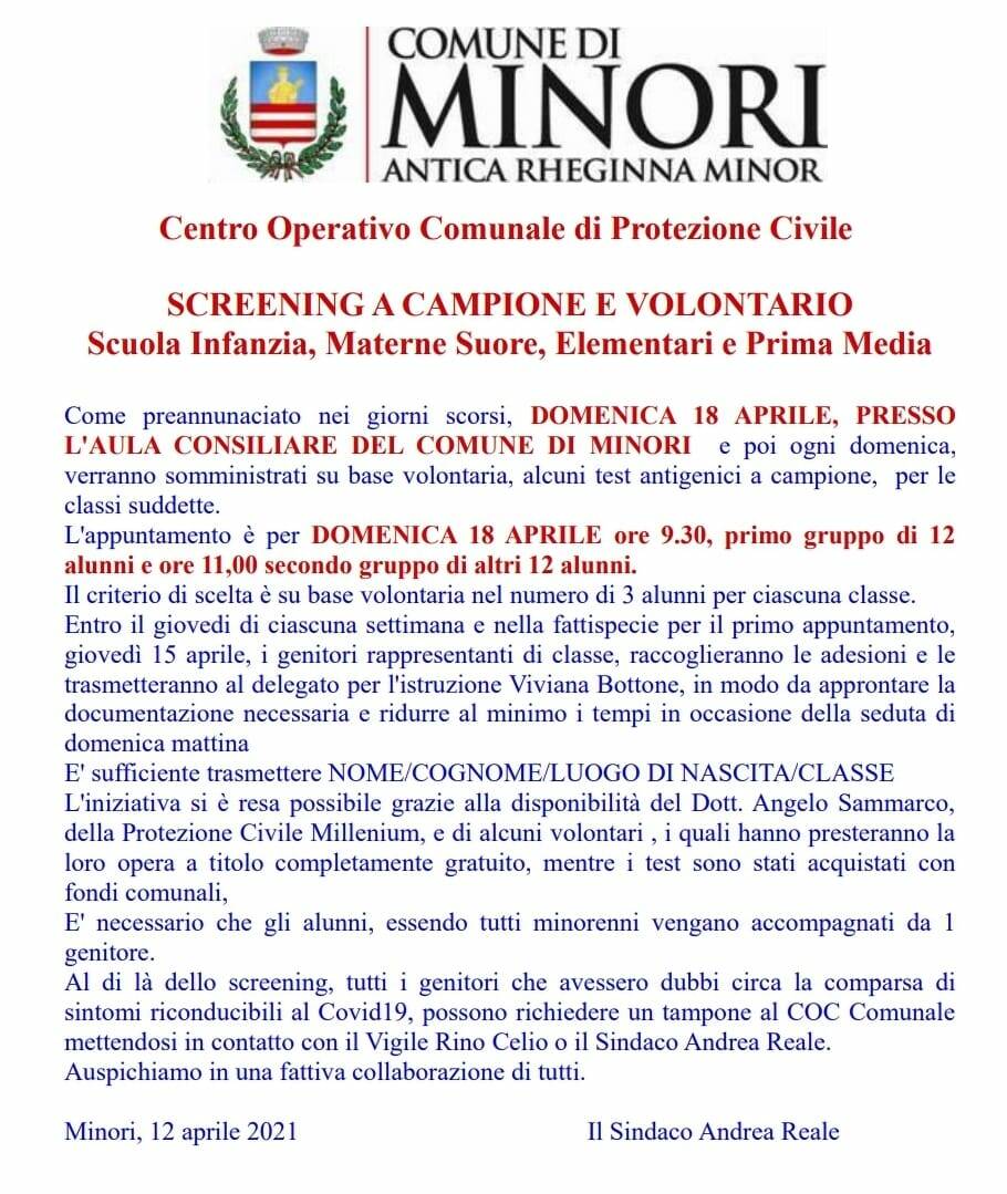 Minori, screening volontario per i piccoli alunni che frequentano la scuola in presenza