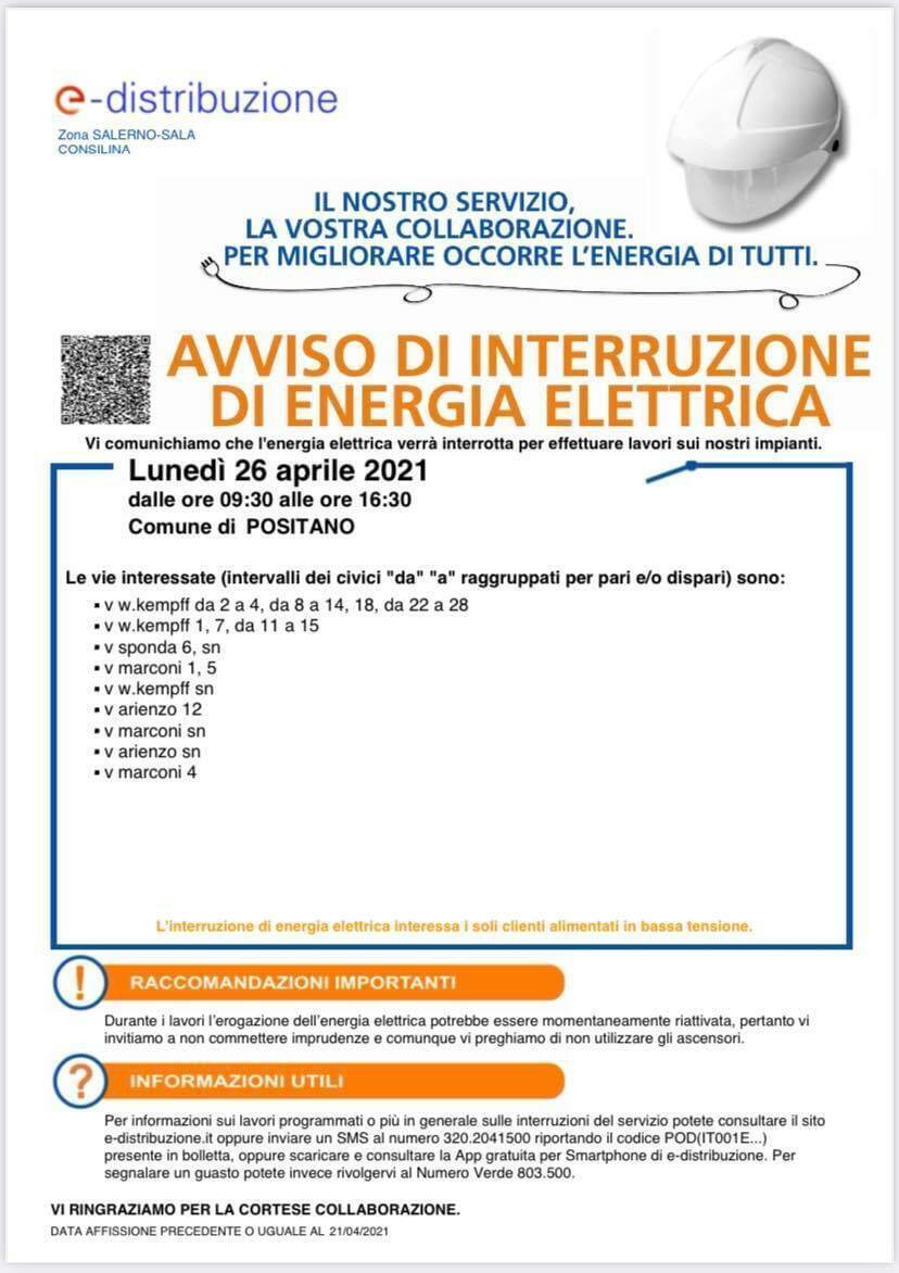 Positano, lunedì 26 aprile interruzione elettrica. Ecco le vie interessate