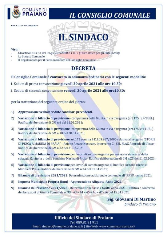 Praiano, convocato il consiglio comunale per giovedì 29 aprile. Ecco l'ordine del giorno