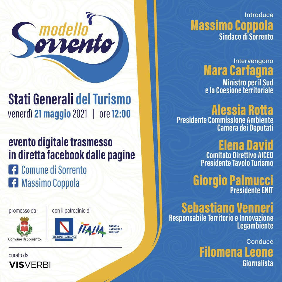 È in programma domani venerdì 21 maggio alle ore 12, la presentazione del piano di rilancio del turismo del “Modello Sorrento”.