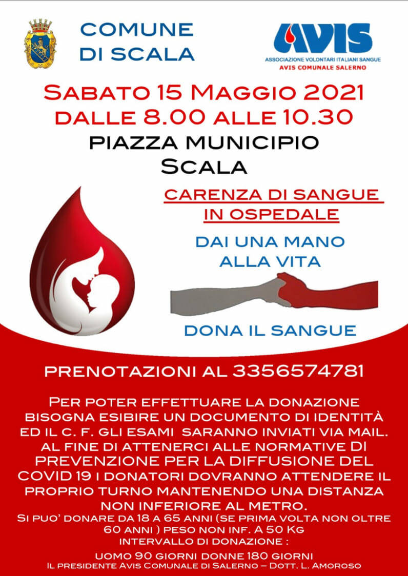 Scala: sabato 15 maggio giornata dedicata alla donazione del sangue