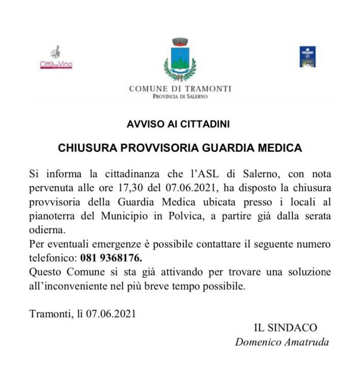 Anche a Tramonti la chiusura provvisoria della Guardia Medica