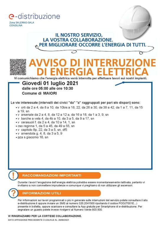 Maiori, giovedì 1 luglio interruzione elettrica per lavori. Ecco le strade interessate