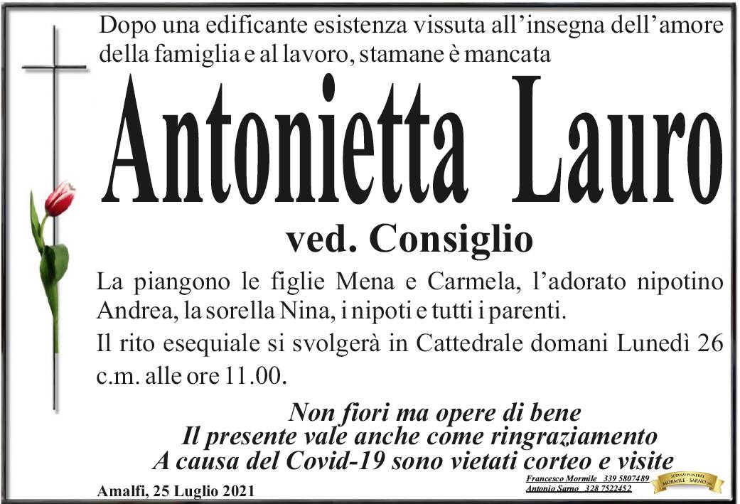 Amalfi: è mancata Antonietta Lauro, vedova Consiglio