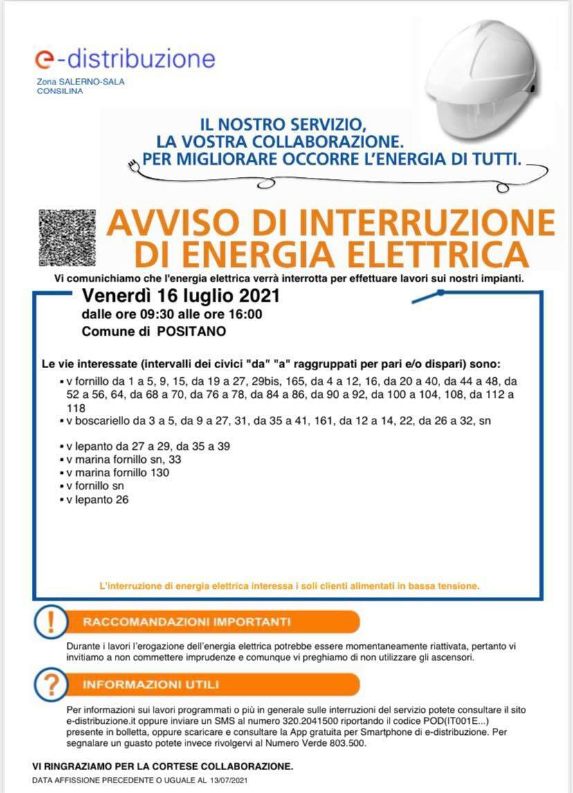 Positano, venerdì 16 luglio interruzione dell'energia elettrica fino alle 16. Ecco le zone interessate