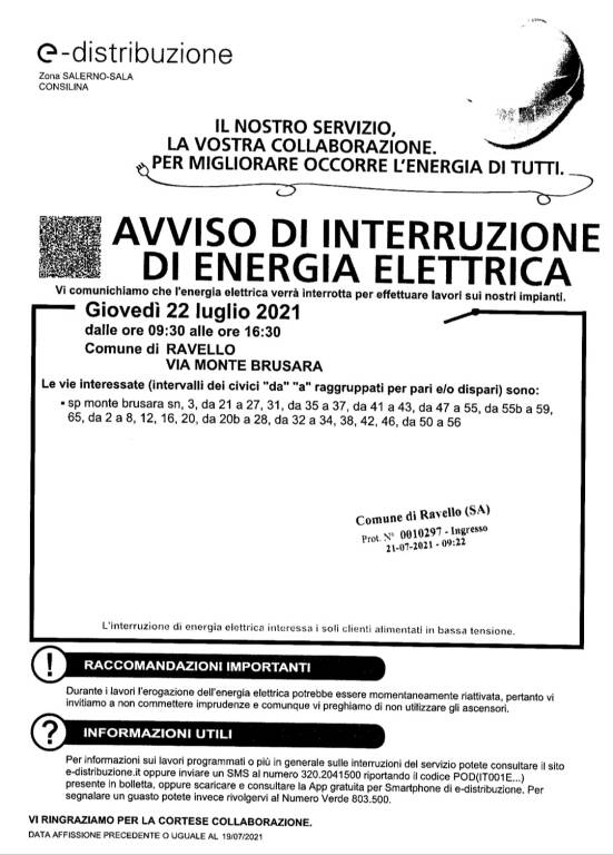 Ravello, domani interruzione elettrica: ecco le zone interessate