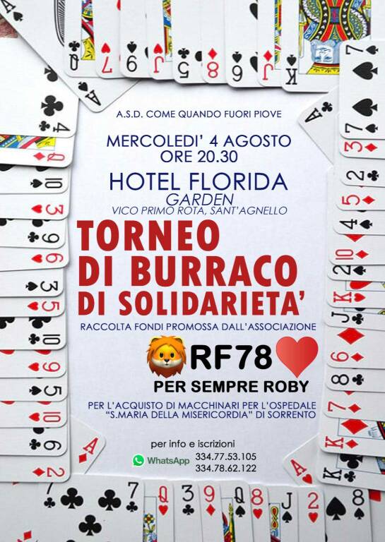 Sant'Agnello: mercoledì 4 agosto il Torneo di Burraco di Solidarietà 