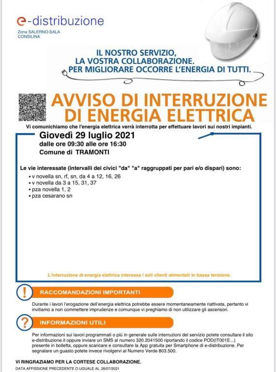 Tramonti, giovedì 29 luglio interruzione dell'energia elettrica 