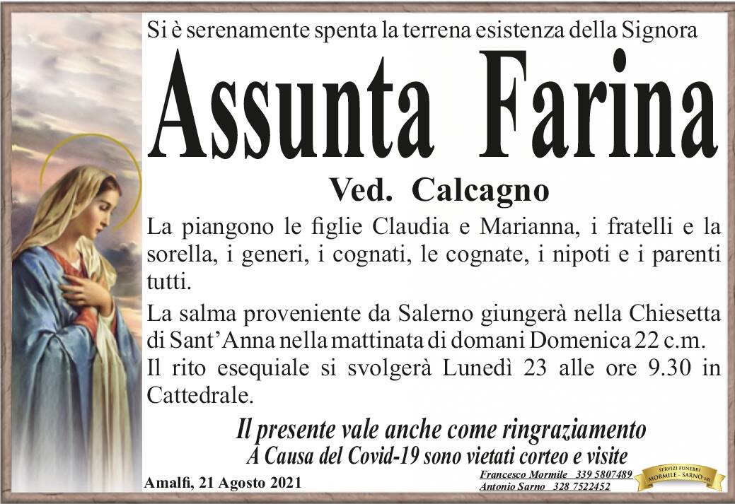 Amalfi in lutto: si è spenta Assunta Farina, vedova Calcagno