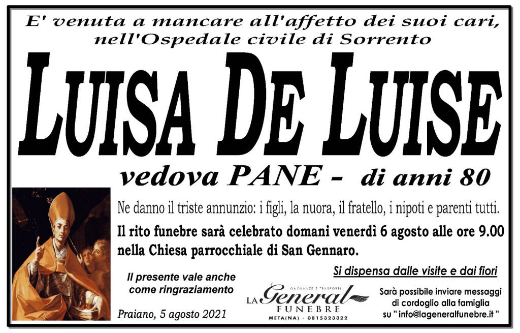 Praiano piange Luisa De Luise, vedova Pane 