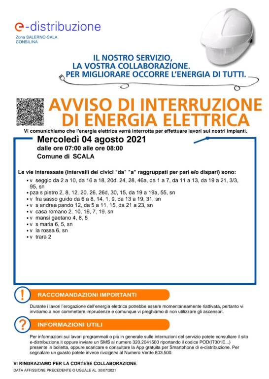 Scala: mercoledì 4 agosto interruzione elettrica. Ecco dove