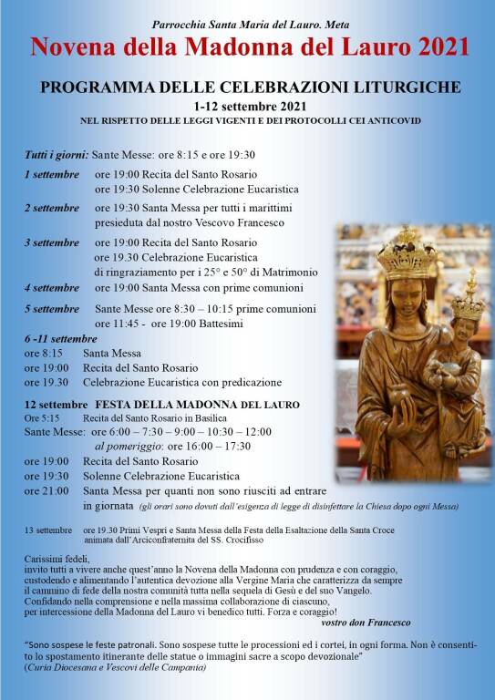 Meta, inizia stasera la Novena per la Madonna del Lauro. Ecco il programma delle celebrazioni liturgiche 