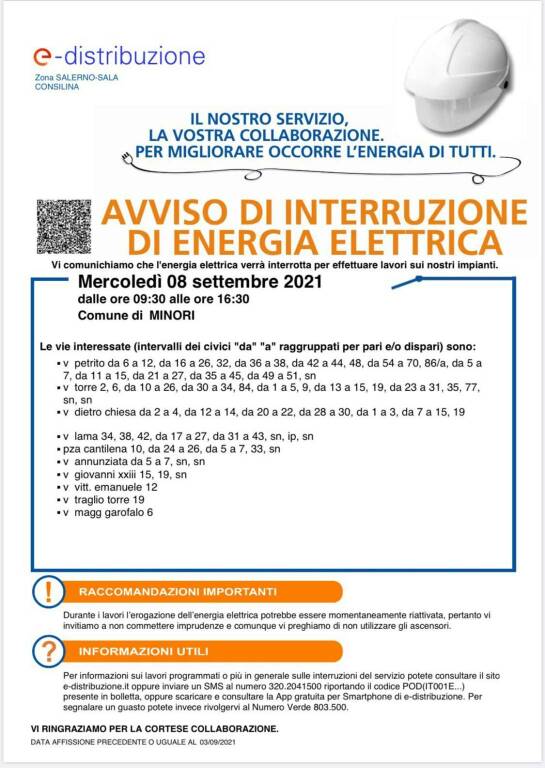 Minori, domani interruzione della fornitura di energia elettrica: ecco dove